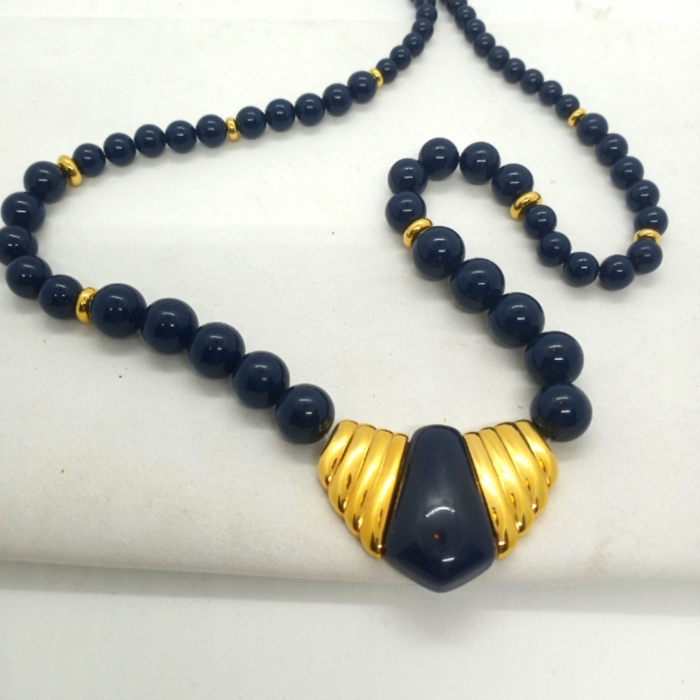 Napier Necklace Dark Blue Gold MidCentury Modern Vintage Jewelry Graduated Bead